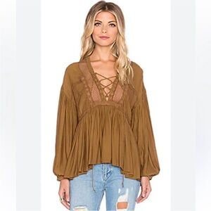 FP Mustard Brown Lace-Up Blouse - Don’t Let Go Peasant Top
